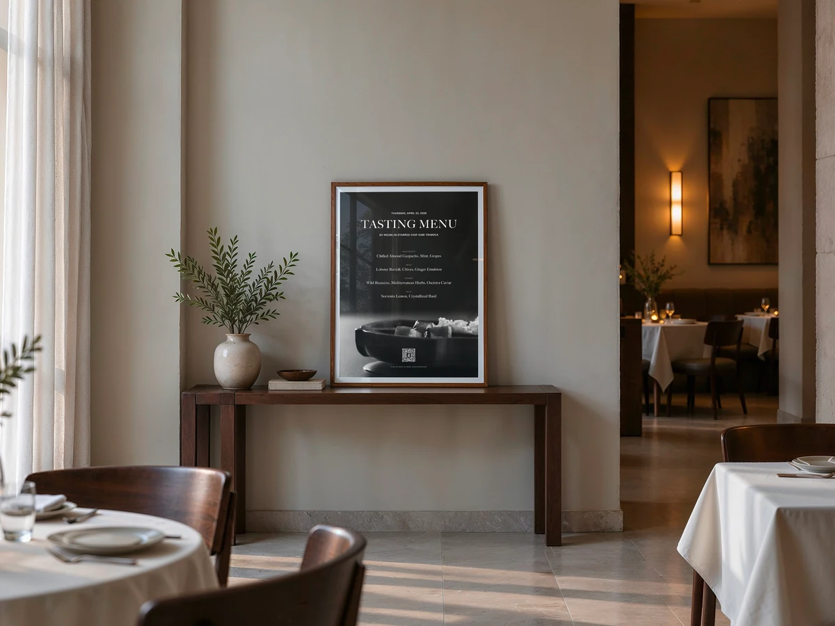 The Ginko Horizon, a 700 by 900 mm ePaper display in a solid wood frame.