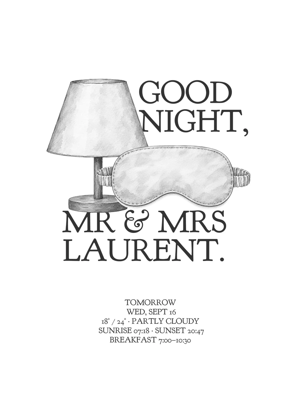 Turndown. Tomorrow's weather, the hour of the sun, and when breakfast opens.