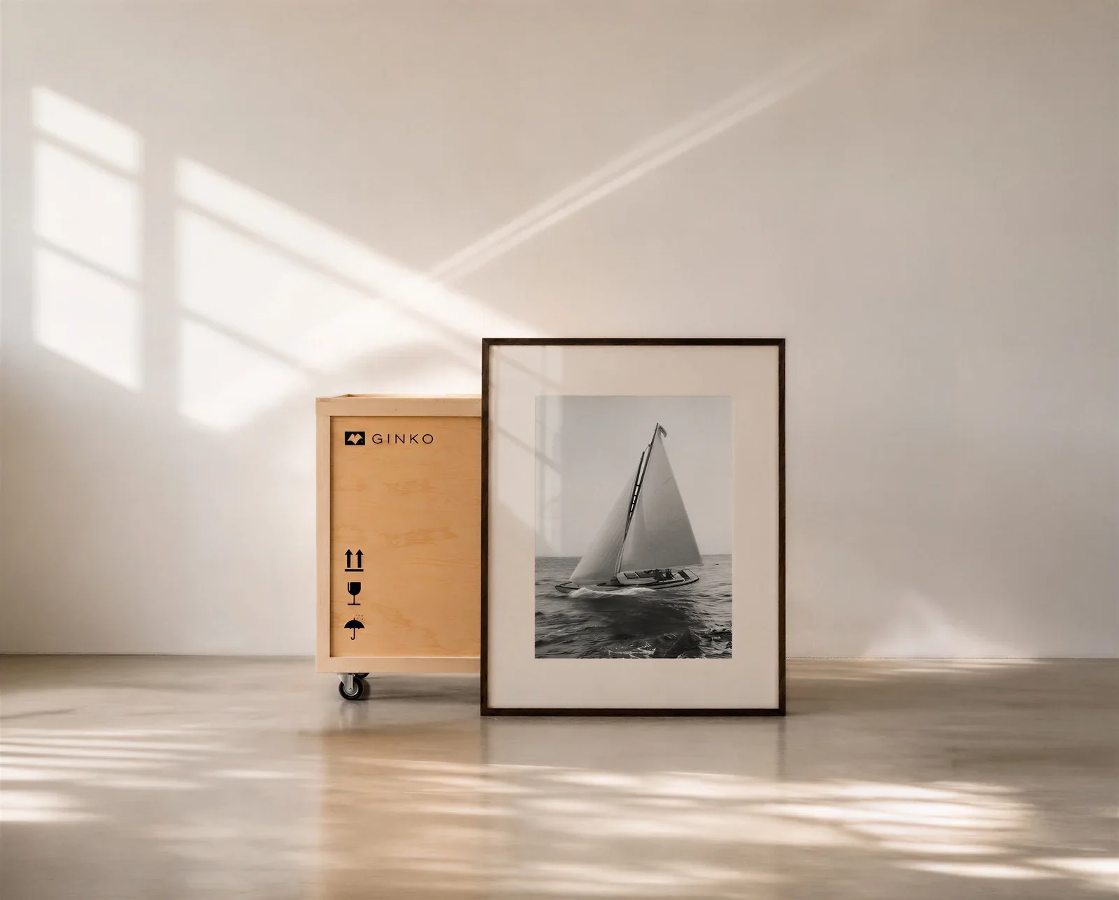 Two art handlers in white gloves beside a Ginko wooden crate and a large framed photograph.